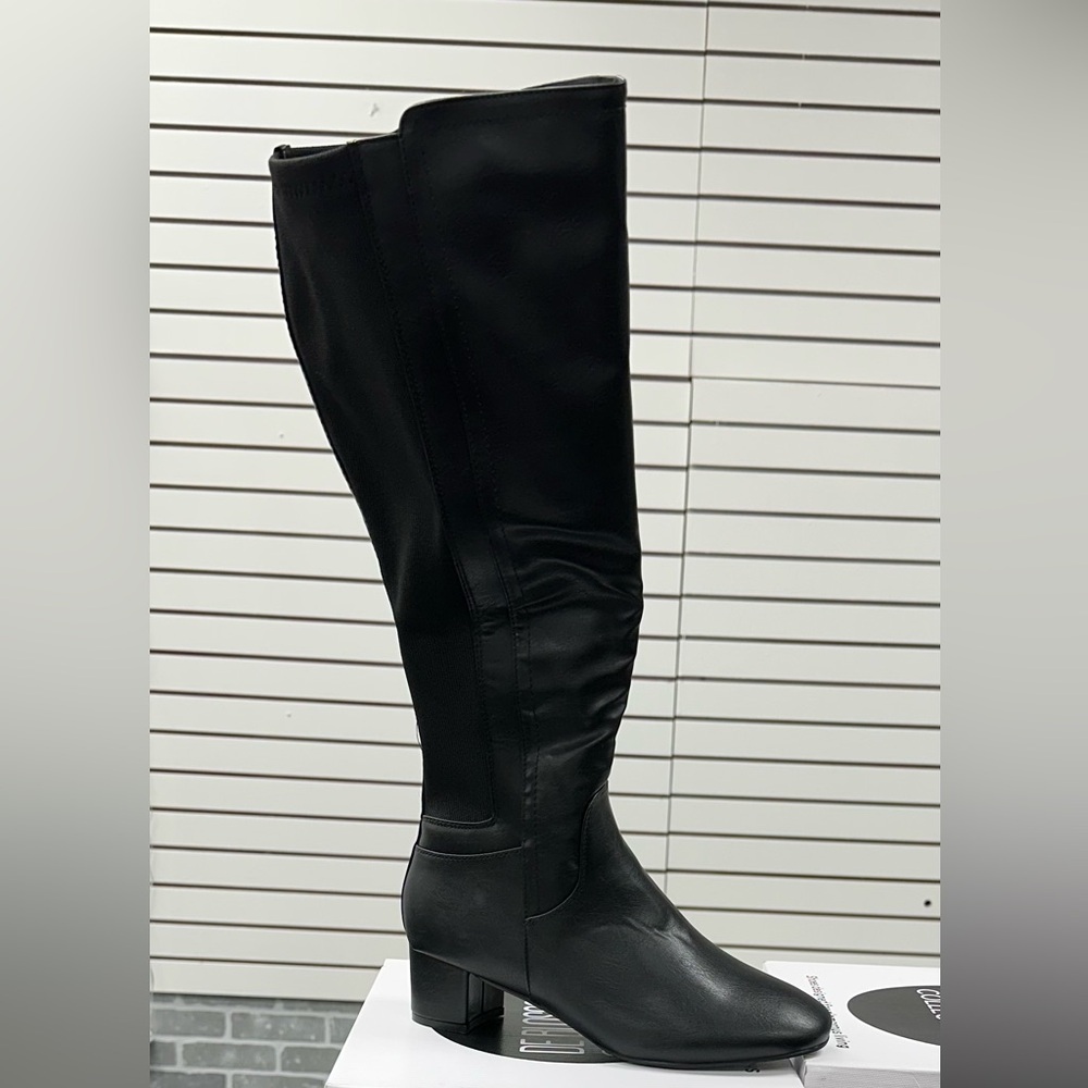 Wide Calf faux Synthetic Leather Boot - Black - Comfortable